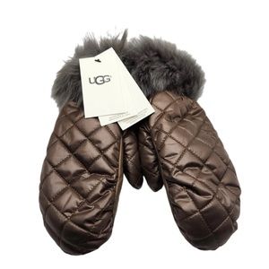 UGG Women's Quilted Shearling Trim Mittens Stormy Grey Brown Sz L/XL NWT